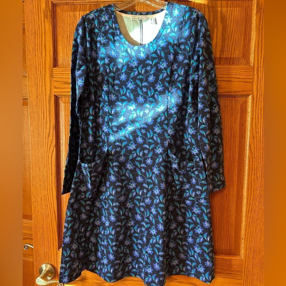 Isaac Mizrahi blue green purple long sleeve size Small dress pocket front